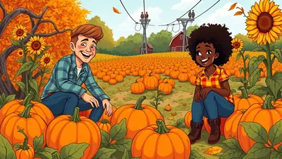 A young man and a young woman are sitting in a pumpkin patch on a sunny autumn day, surrounded by a vast field of pumpkins and sunflowers. The man, with brown hair and a plaid shirt, smiles broadly while sitting amongst large pumpkins. The woman, with curly dark hair and a colorful plaid shirt, also smiles, sitting on a pumpkin. In the background, a red barn and power lines are visible under a blue sky with scattered clouds.