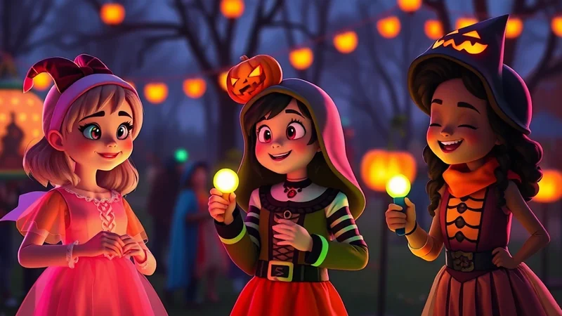 Three cartoon girls in Halloween costumes holding glowing orbs, standing in a park decorated with orange lanterns at dusk.
