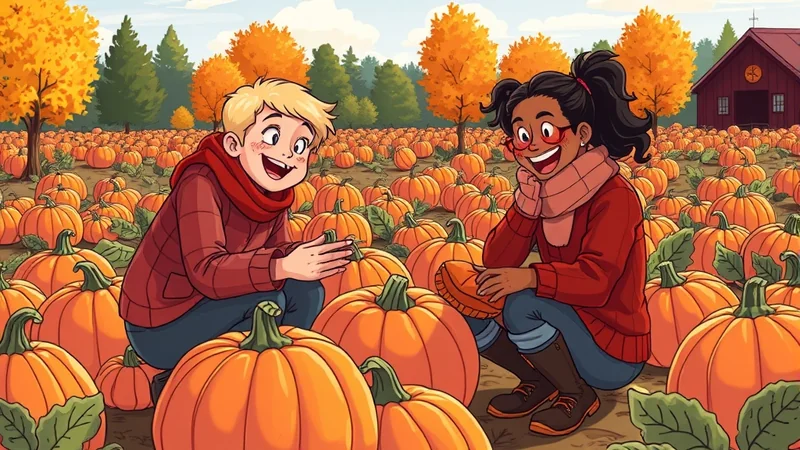 Two smiling children, one with blonde hair and a red scarf, the other with dark hair and glasses, are crouching in a pumpkin patch surrounded by many orange pumpkins and autumn trees.
