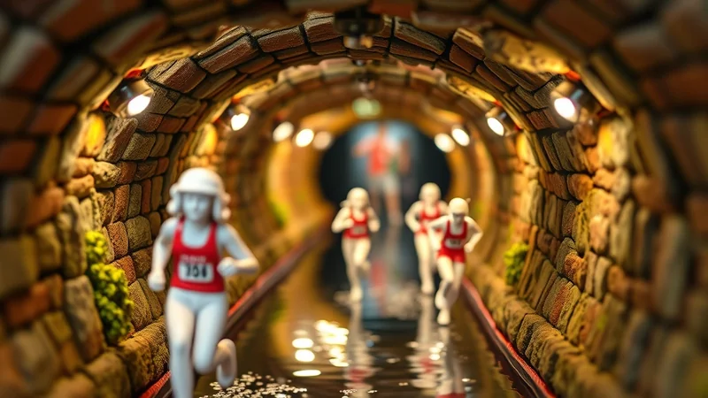 A miniature diorama of a tunnel with brick walls and lights, where several small figures of runners in red racing outfits are running on a wet track.