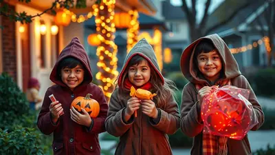 Three children in hooded coats stand outside a house decorated with Halloween lights, holding candy and a small pumpkin.