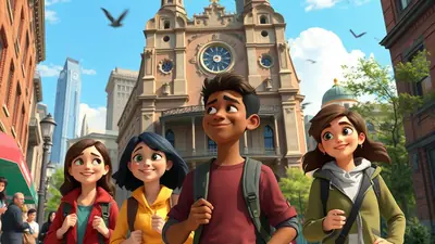Four animated children with backpacks walk down a city street in front of a large, ornate building, looking up with smiles.