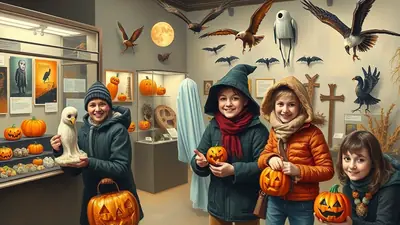 Four children are smiling and holding pumpkins in a museum exhibit featuring taxidermied birds and Halloween decorations.