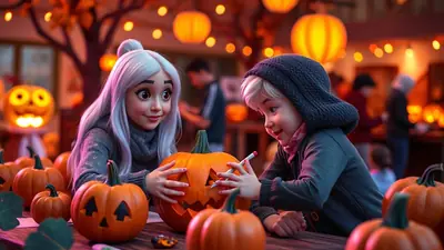 Two children, a girl with long white hair and a boy with a hood, are carving a pumpkin together on a table surrounded by other pumpkins and Halloween decorations. The scene is warm and festive, with glowing lanterns in the background.