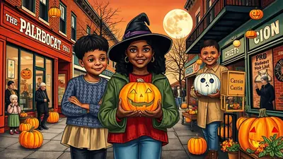 Three children are walking down a street decorated for Halloween, holding pumpkins. The child in the middle wears a witch's hat and holds a carved jack-o'-lantern. The child on the left wears a blue sweater and holds their arms crossed. The child on the right wears a tan coat and holds a white pumpkin with a sad face. The street is lined with buildings and more pumpkins, and a large full moon is visible in the orange sky.