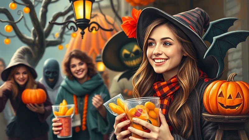 A young woman in a witch hat and costume smiles as she holds a cup of candy, with friends in Halloween costumes and a jack-o'-lantern in the background.