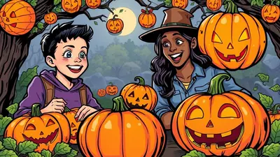 A boy and a woman are carving pumpkins in a spooky forest at night. Several carved pumpkins are visible, some hanging from trees and others on the ground. The moon is visible in the background, casting an eerie glow on the scene.