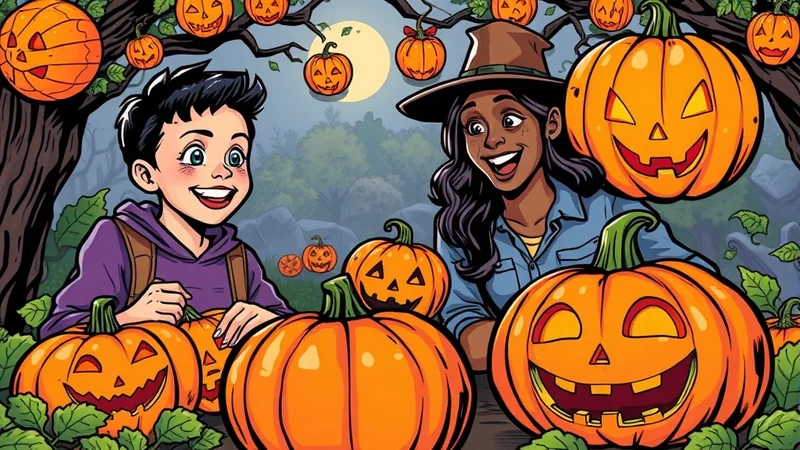 A boy and a woman are carving pumpkins in a spooky forest at night. Several carved pumpkins are visible, some hanging from trees and others on the ground. The moon is visible in the background, casting an eerie glow on the scene.