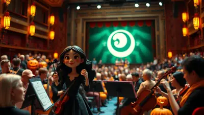 A cartoon girl with dark hair, dressed in a black dress, stands in front of an orchestra and audience, holding a violin and bow. The stage behind her features a large green screen with a white spiral logo, and pumpkins are visible among the audience members, suggesting a Halloween-themed concert.
