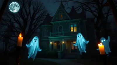 A spooky haunted house at night with a full moon and bare trees, illuminated by glowing candles and three friendly blue ghosts floating in the yard.