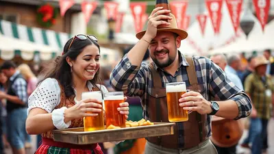 A smiling couple in traditional German attire holds mugs of beer and a tray of snacks at an outdoor festival.