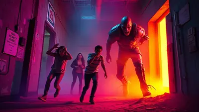 A terrifying monster with glowing red eyes and sharp teeth chases three terrified people down a dimly lit, neon-lit hallway.