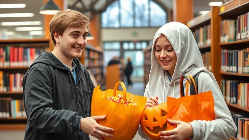 A young man and woman are in a library, surrounded by bookshelves. The man is holding a large orange bag filled with candy corn, and the woman is holding a jack-o'-lantern and an orange bag. Both are smiling, suggesting a festive Halloween mood.