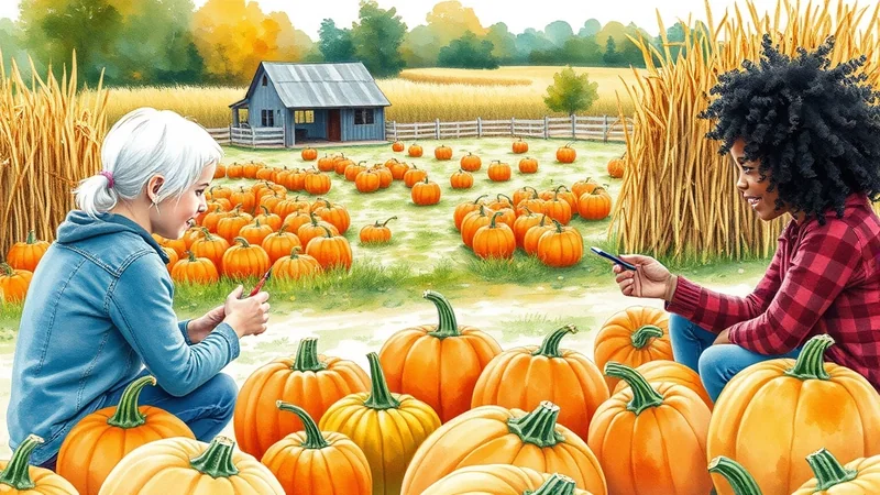 Two young girls, one with white hair and the other with dark curly hair, are sitting in a pumpkin patch looking at their phones. A rustic barn and rows of pumpkins are visible in the background under a colorful autumn sky.