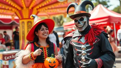 A woman dressed as a witch and a person in a skeleton costume stand together at an outdoor event, possibly a carnival or fair, with colorful tents and rides in the background. The woman holds a jack-o'-lantern, and both are smiling, suggesting a festive and cheerful Halloween atmosphere.