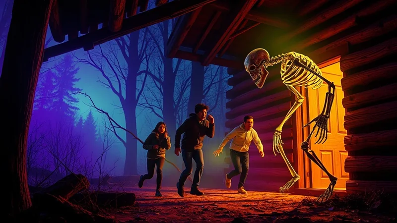 Three people are running away from a giant skeleton that is emerging from a wooden cabin in a dark, foggy forest at night.