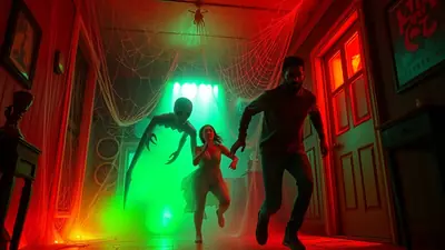 A man and a woman are running away from a scary, skeletal creature in a room decorated with cobwebs and lit with red and green lights.