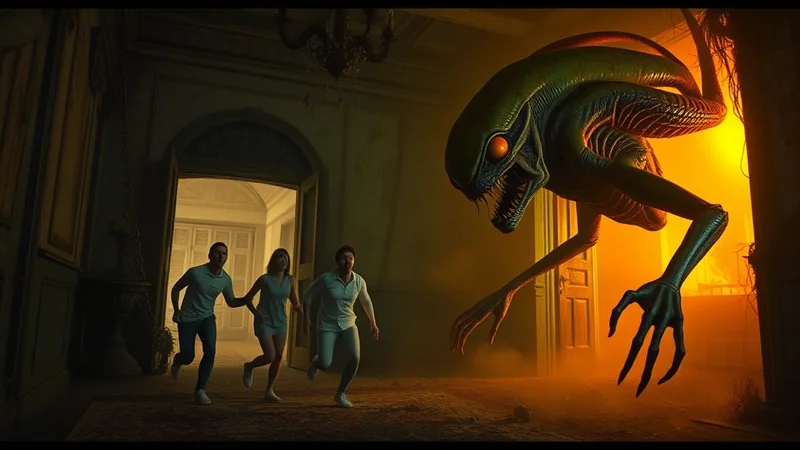 A terrifying, large, green alien with sharp teeth and glowing orange eyes lunges from a doorway towards three people running away in a dimly lit, ornate room.