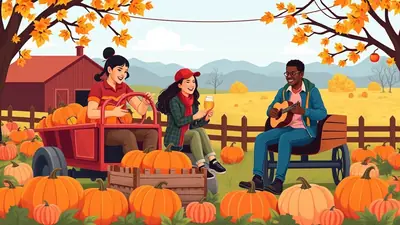 Three friends enjoy a fall harvest scene. One person drives a tractor filled with pumpkins, another holds a glass of beer, and the third plays a guitar, all surrounded by pumpkins and autumn foliage.