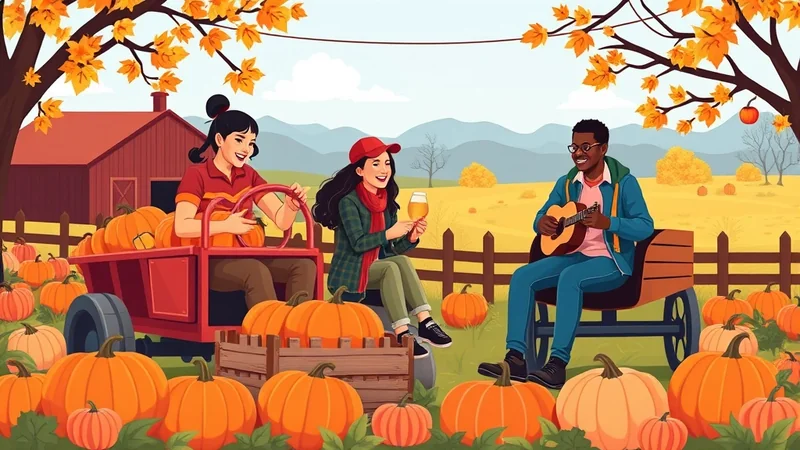 Three friends enjoy a fall harvest scene. One person drives a tractor filled with pumpkins, another holds a glass of beer, and the third plays a guitar, all surrounded by pumpkins and autumn foliage.