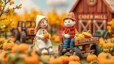 Two cartoon figures, a girl in a white hooded dress and a boy in a plaid shirt, sit amongst pumpkins in front of a cider mill. The boy is on a small wooden wagon filled with pumpkins, and the girl holds a pumpkin. The scene is set in autumn with colorful foliage in the background.
