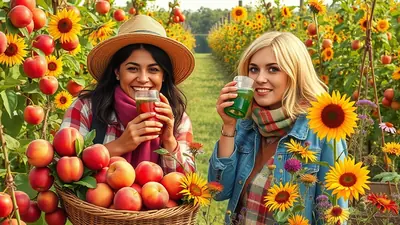 Two smiling women in a sun-drenched orchard, one holding a basket of peaches and a glass of red juice, the other holding a glass of green juice, surrounded by sunflowers and apple trees.