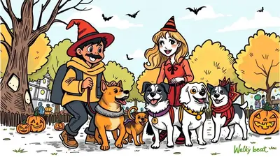A man and a woman dressed as wizards, each with a group of dogs, are walking through a park decorated for Halloween with pumpkins and bats in the sky.