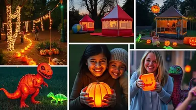 A collage of Halloween scenes, featuring a pathway lined with pumpkins and lights, children holding glowing pumpkins, and a family at a Halloween-themed tent.