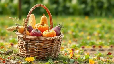 A woven basket filled with autumn harvest vegetables, including pumpkins, gourds, and a beet, sits on the ground amidst fallen leaves and yellow flowers.