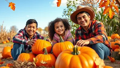 A smiling family of three, two boys and a girl, wearing plaid shirts and jeans, pose with large pumpkins in a pumpkin patch on a sunny autumn day.