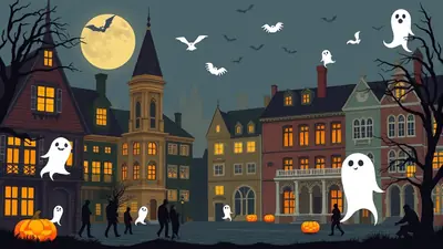 A whimsical Halloween scene depicts a charming town square at night, illuminated by a large full moon and glowing windows of old buildings. Several friendly ghosts float playfully in the air and on the ground, while bats flutter above. Jack-o'-lanterns add to the festive atmosphere, and silhouetted figures stroll through the square, creating a magical and slightly spooky ambiance.