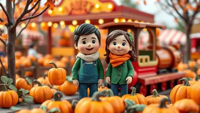Two cartoon children, a boy and a girl, stand in a pumpkin patch with a toy train and a carnival booth in the background. The scene has a festive autumn atmosphere.