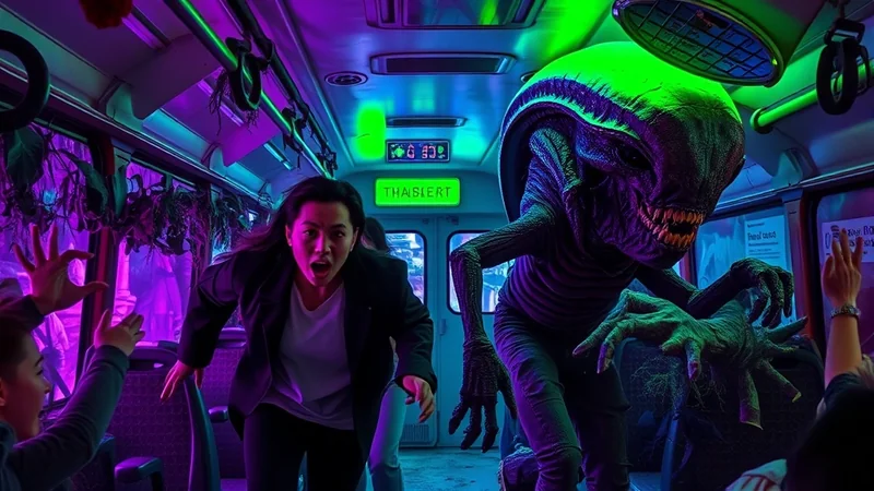 A person with a shocked expression runs down a bus aisle as a large, green-headed alien with sharp teeth and claws looms over them, illuminated by purple and green lights.