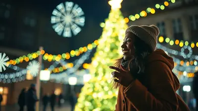 A smiling woman in a beanie and coat looks to her right with a large, brightly lit Christmas tree and festive string lights in the background.