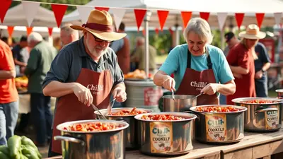 Two people wearing aprons are serving food from large pots at an outdoor event. The person on the left wears a straw hat and glasses, while the person on the right has gray hair. Both are using ladles to serve what appears to be a tomato-based dish from large metal pots. In the background, tents and other people are visible, suggesting a festival or market setting.