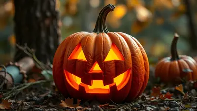 A carved jack-o-lantern with a glowing orange face sits on the forest floor, surrounded by fallen leaves and a smaller pumpkin in the background.