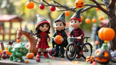 Three cartoon children dressed in Halloween costumes stand in a park decorated with pumpkins and autumn leaves. The child on the left wears a red dress and brown coat, the middle child is dressed as a vampire holding an orange pumpkin, and the child on the right rides a purple bicycle wearing a plaid shirt.
