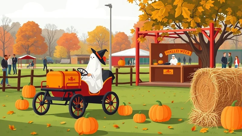 A person dressed as a ghost in a witch hat drives an orange vintage car through a park decorated for Halloween, with pumpkins scattered on the grass and a hay bale nearby.