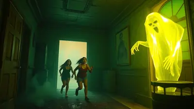 Two young women are running down a dark, eerie hallway, fleeing from a glowing yellow ghost that is emerging from a doorway. The hallway is dimly lit with green lighting, and there is smoke on the floor, creating a suspenseful and frightening atmosphere.