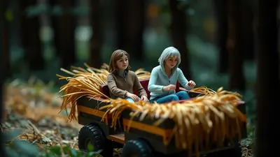 Two young girls with light brown and white hair are sitting in a wooden wagon filled with hay, in a forest setting.