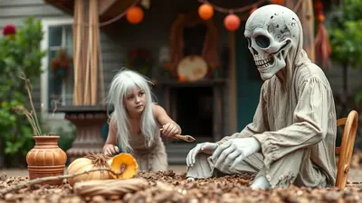 A young girl with white hair and a skeleton figure sit on the ground in front of a decorated house, with pumpkins and fall decorations suggesting a Halloween theme.