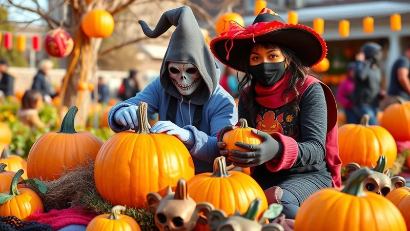 Two people in Halloween costumes, one dressed as a skeleton and the other as a witch, are carving pumpkins at a pumpkin patch.
