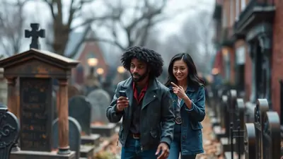 A man with dark curly hair and a woman with dark hair are walking through a cemetery, with the man looking at his phone and the woman pointing ahead.
