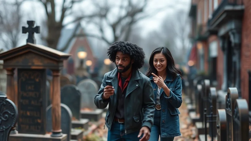 A man with dark curly hair and a woman with dark hair are walking through a cemetery, with the man looking at his phone and the woman pointing ahead.