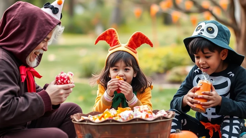 A man in a hooded costume and two children in Halloween costumes are sitting around a bucket of candy outdoors, enjoying treats.