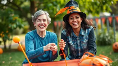 Two women, one older with gray hair and one younger wearing a witch hat, are laughing heartily outdoors. They are sitting at a table with Halloween decorations, including pumpkins and orange bunting in the background. The mood is festive and joyful.