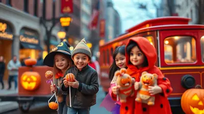 Four children in Halloween costumes stand in front of a red trolley car decorated with pumpkins. The children are holding candy and stuffed animals, and appear to be trick-or-treating on a city street.