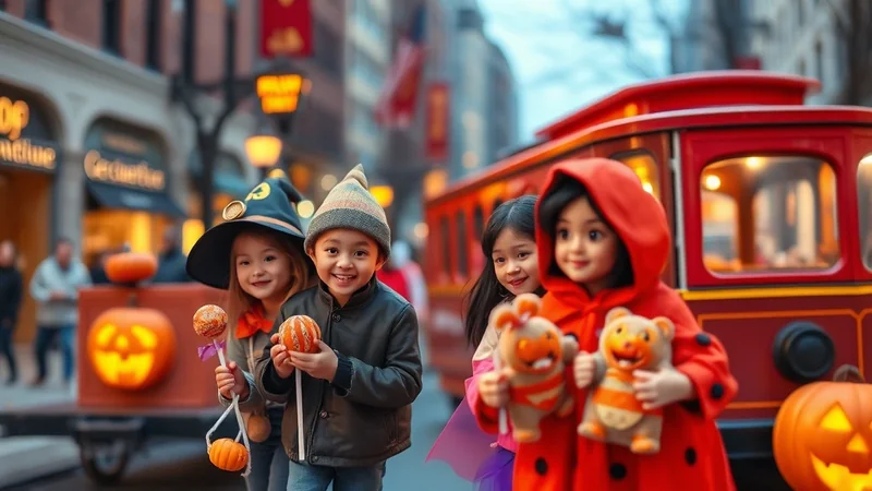 Four children in Halloween costumes stand in front of a red trolley car decorated with pumpkins. The children are holding candy and stuffed animals, and appear to be trick-or-treating on a city street.