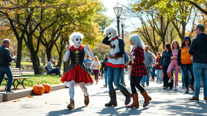 Three people in costumes walk down a park path on a sunny autumn day. The person in front wears a red and black jester-like costume with white face paint and white hair. To their right, a person in a black and white outfit with red trim and a diamond pattern on the chest, also with white face paint and white hair. To the right of them, a person in a red and black plaid jacket and black leggings, with blonde hair. Two carved pumpkins sit on a ledge to the left of the path.