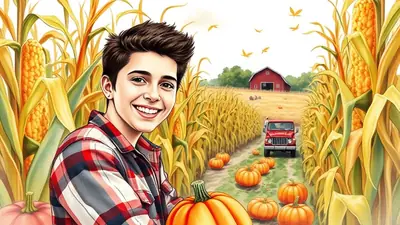 A young man with dark hair and a plaid shirt smiles while standing in a cornfield with pumpkins and a red barn in the background.